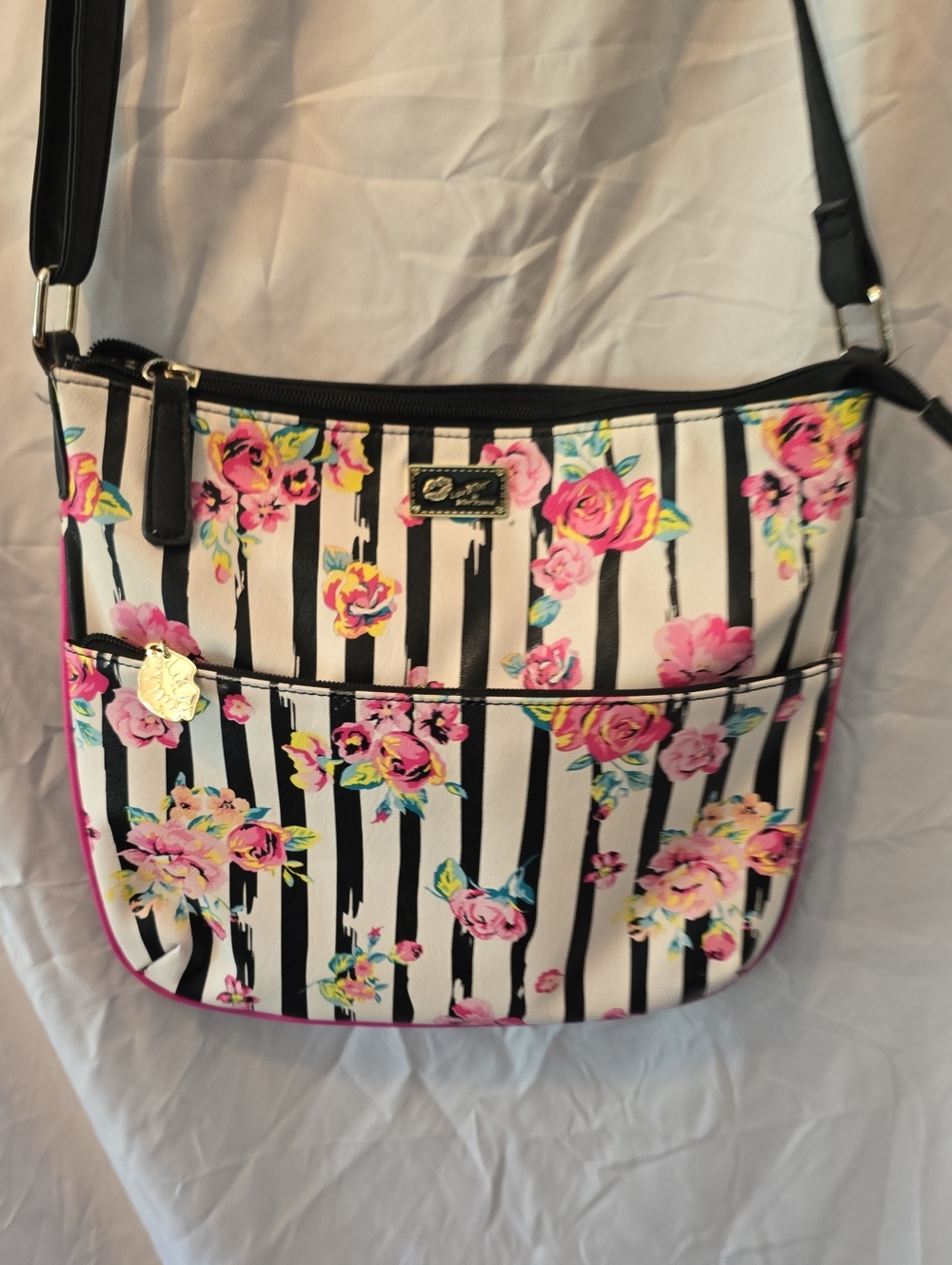 Betsey Johnson Black & White Stripe Crossbody with Pink Floral Print